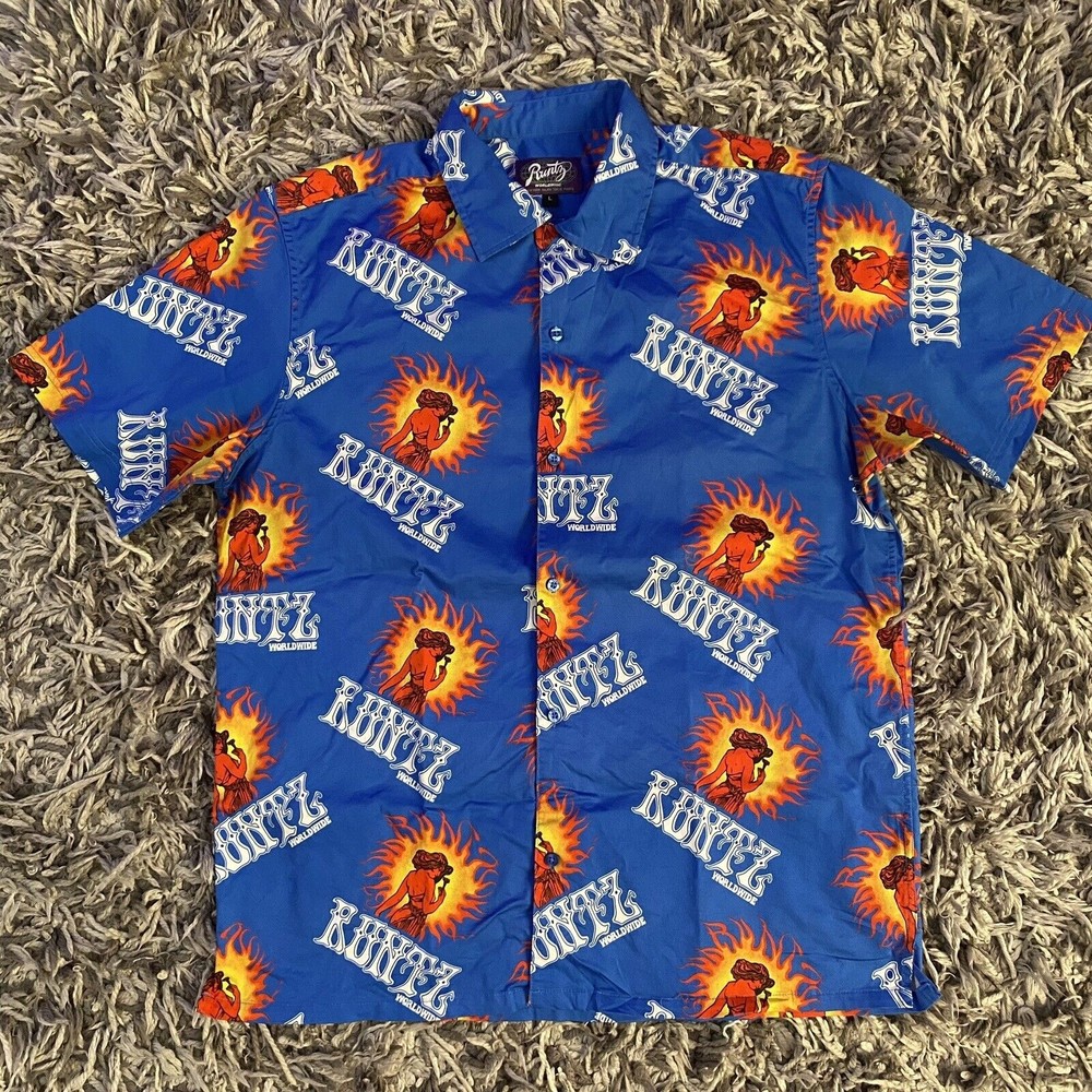 Men’s Large Oversized Runtz All Over Flame Strain Girl Blue Collared Shirt